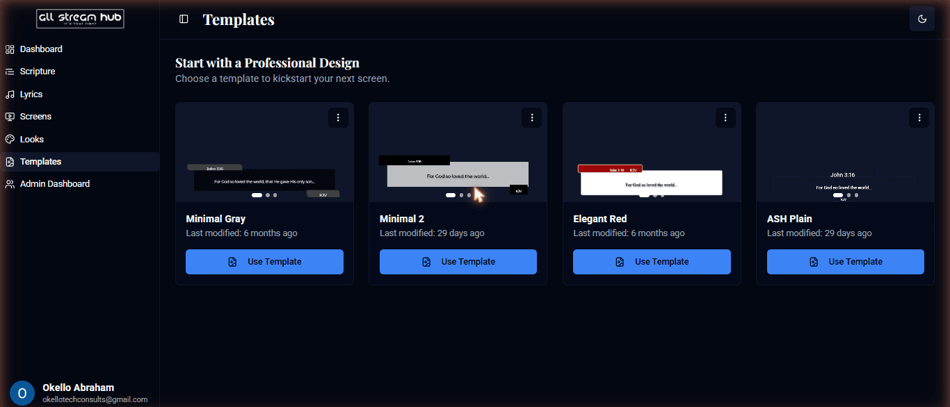 The Templates page with previewed starting points